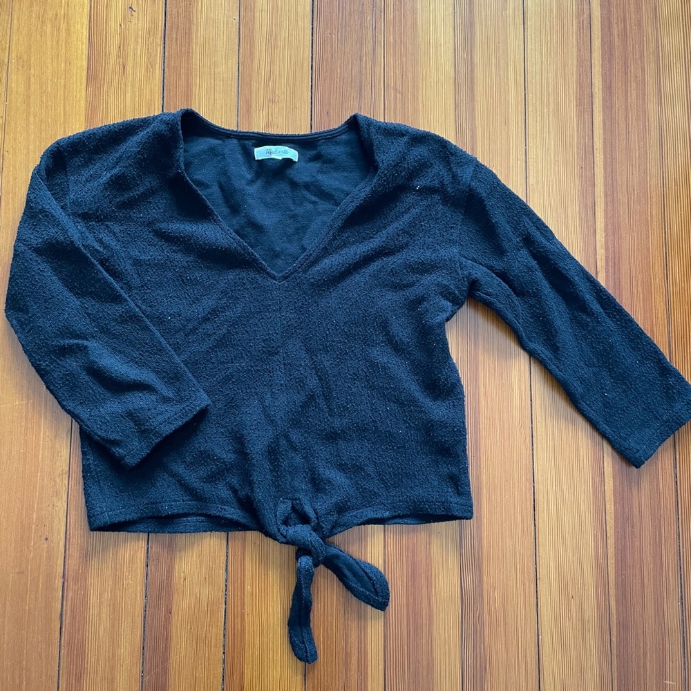 Madewell XXS Black Textured Tie Front Top